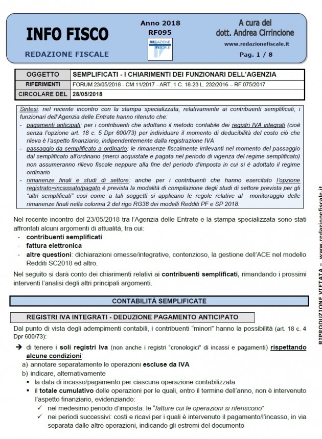 Semplificati: registri IVA integrati e pagamenti anticipati - chiarimenti